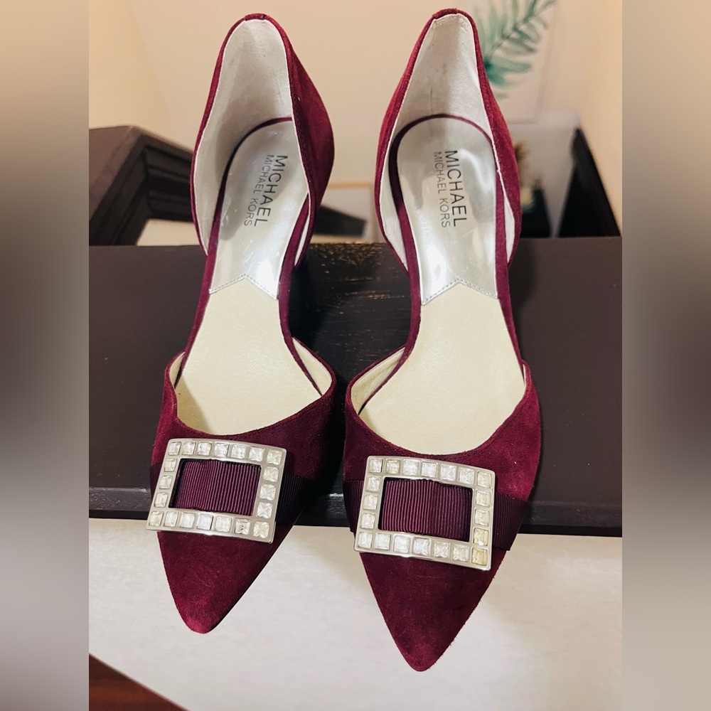Michael Kors Wine Suede Pumps with Crystal Buckle